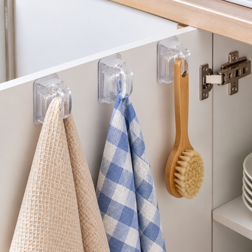 Cabinet storage clips holding kitchen towels and a cleaning brush