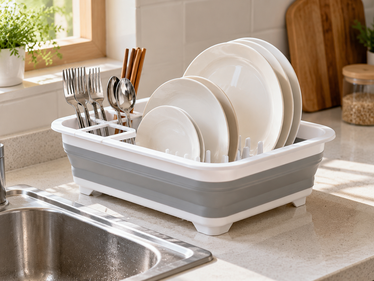 Foldable dish and utensil rack holding plates and cutlery beside a sink