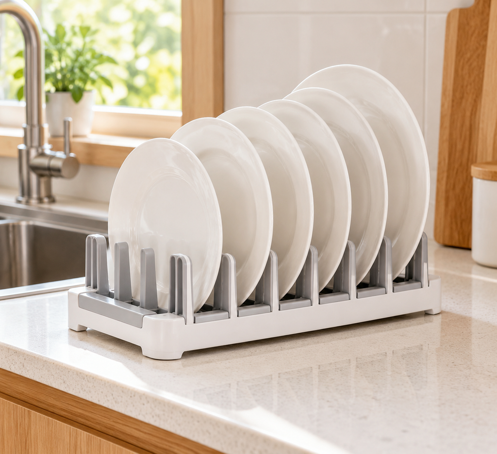 Foldable plate drying rack holding white plates beside a kitchen sink