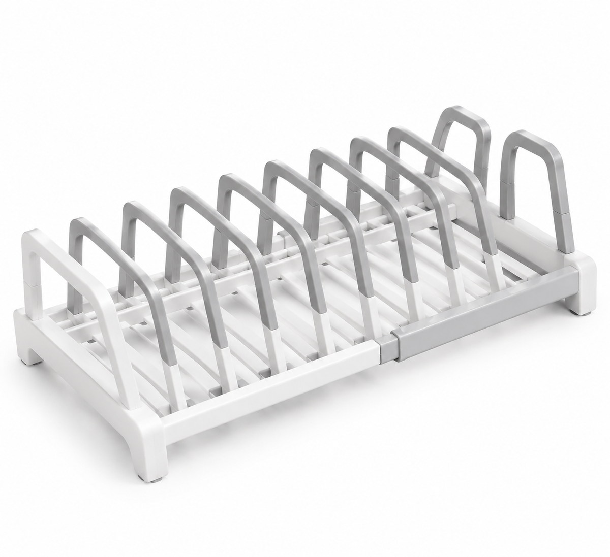 White and gray foldable plate drying rack on a white background
