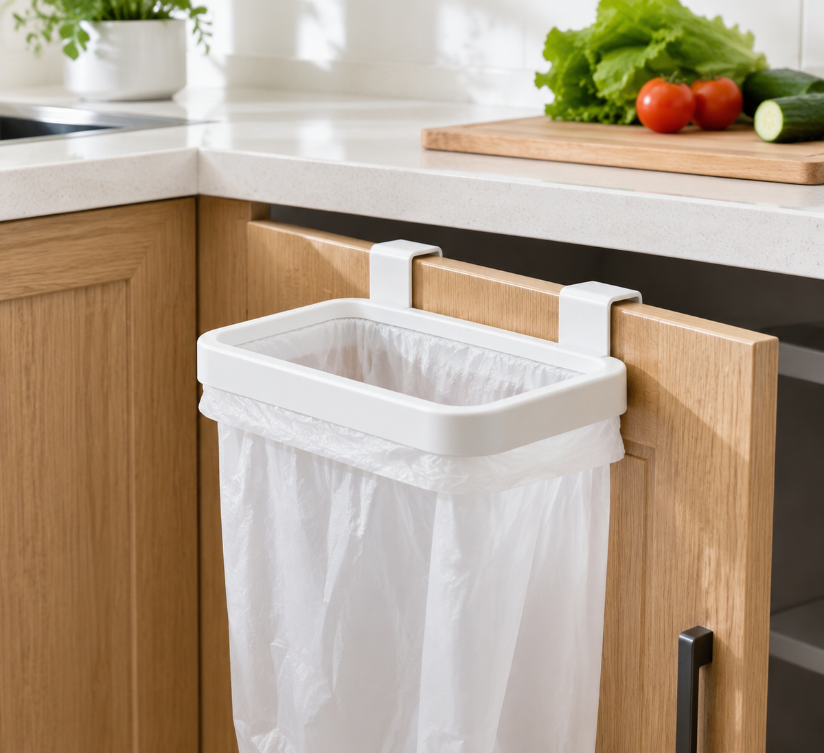 Over-cabinet trash bag holder attached to a wooden kitchen cabinet