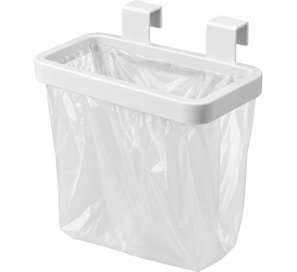 White over-cabinet trash bag holder with a hanging liner