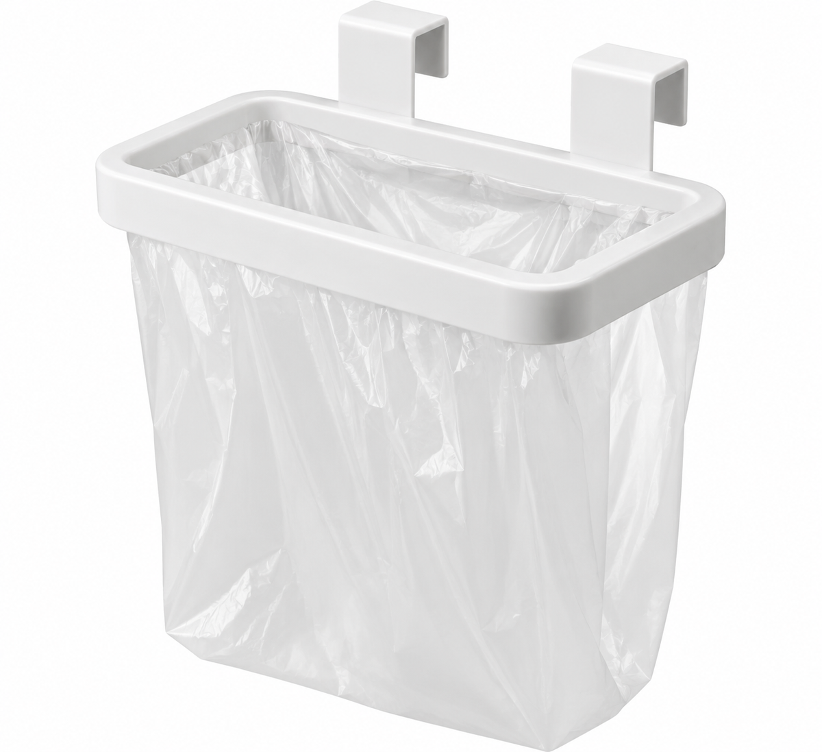 White over-cabinet trash bag holder with a hanging liner