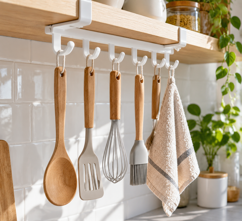 Six-hook cabinet organizer holding kitchen utensils beneath a wood shelf