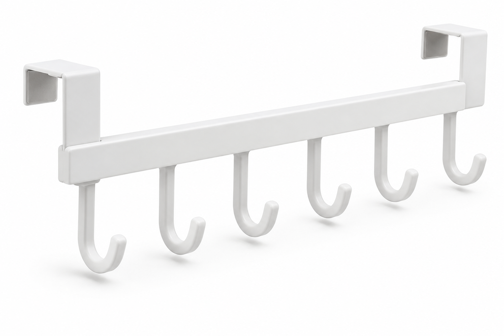 White six-hook cabinet organizer on a white background