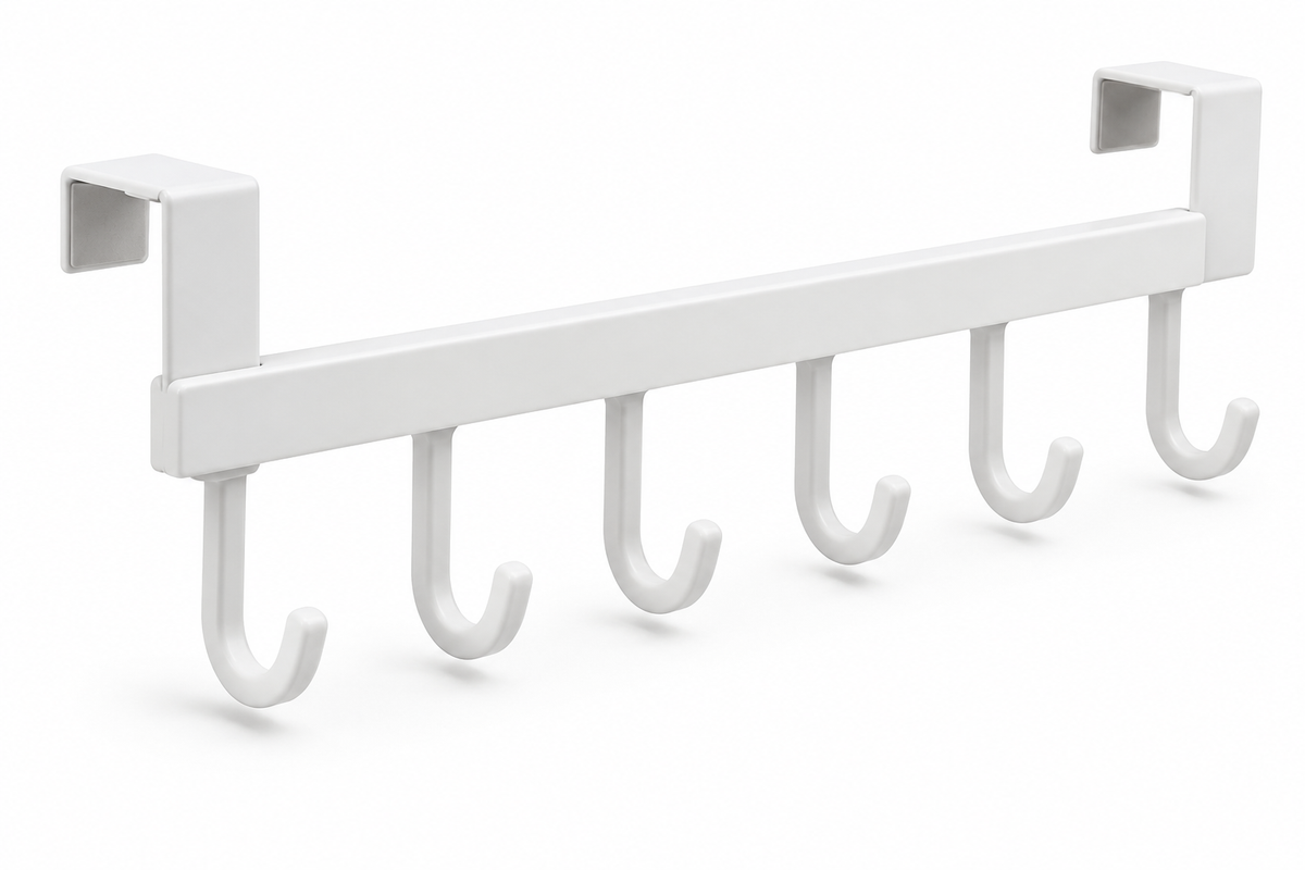 White six-hook cabinet organizer on a white background